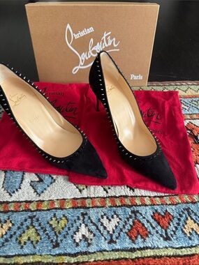 Christian Louboutin Black Suede Studded Pointed-Toe Pumps